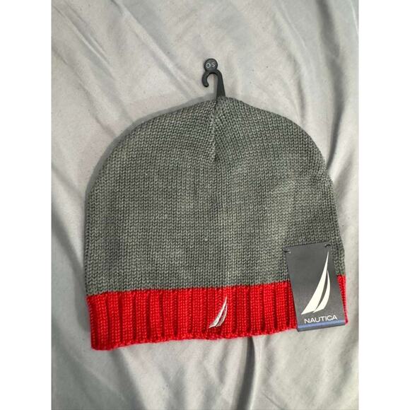 Nautica Gray Red Knit Beanie Hat One Size New with Tags - Picture 1 of 4